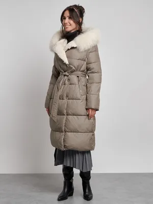 Модное зимнее женское пальто на меху с капюшоном G454/3208A - бежевый