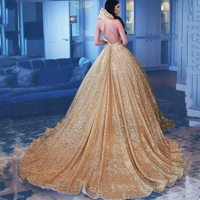 Великолепное Золотое женское вечернее платье с блестками, уникальные платья  с открытой спиной, длинно… | Бальные длинные платья, Официальное платье,  Вечерние платья