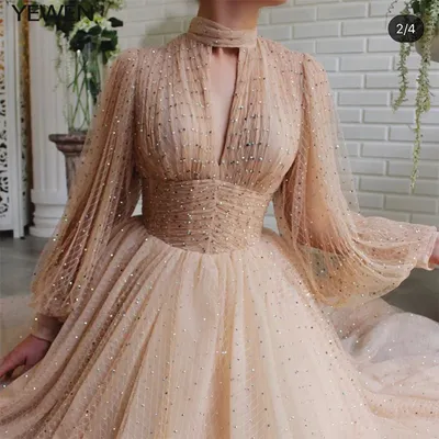 Вечерние платья YEWEN, длинные золотистые платья с V-образным вырезом,  расшитые кристаллами, с длинным рукавом, с разрезом, трапециевидные, 2020 |  AliExpress
