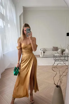 Платье-миди с асимметричной драпировкой и юбкой на запах 00002673 желтый  золотой оранжевый купить в интернет-магазине Post Meridiem
