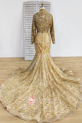 Роскошное вечернее платье с длинными рукавами и кружевом с золотыми  блестками - Lunss