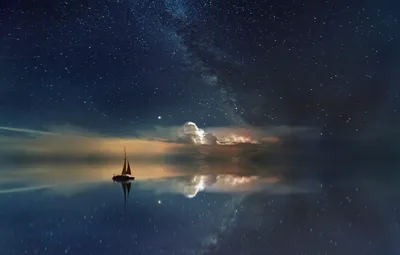 Обои небо, звезды, ночь, океан, лодка, Млечный Путь, звездное небо картинки  на рабочий стол, раздел пейзажи - скачать