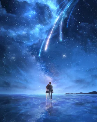 Фото Парень и девушка стоят на поверхности воды на фоне ночного звездного  неба, by CZY